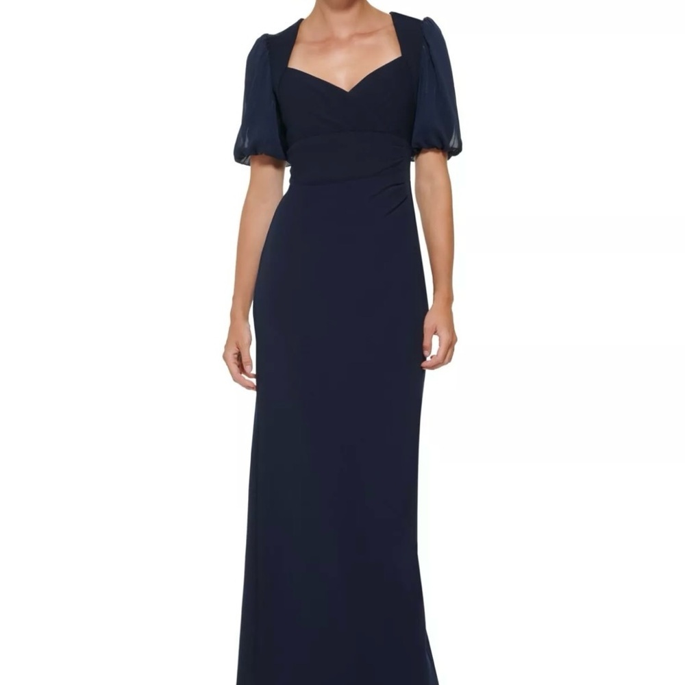 DKNY Women’s Cocktail Dress size 2 Navy Blue Full Length Pouf Sleeve Mermaid